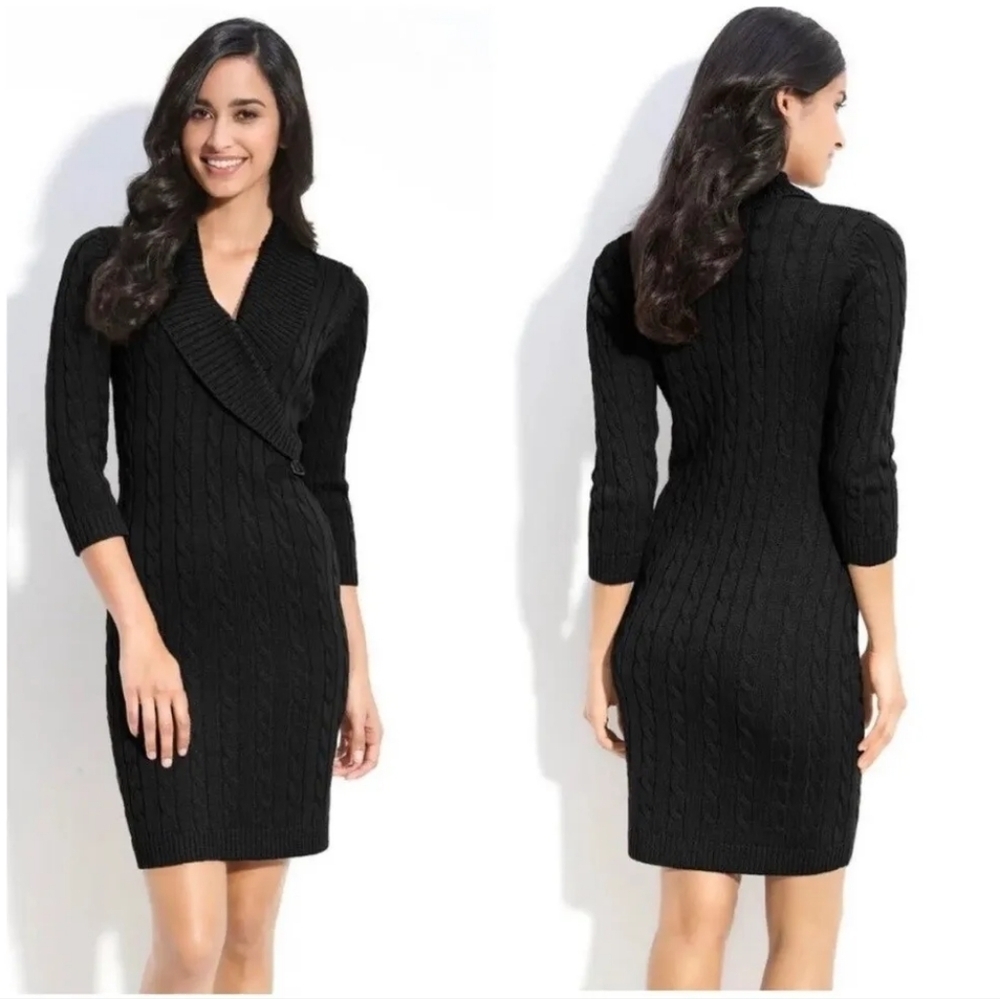 Calvin Klein Navy Blue Corded Shawl Collar Quarter Sleeve Belted Midi Dress M